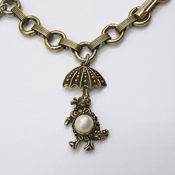 Vintage Charm Bracelet Bird Squirrel Faux Pearl Textured Engraved Gold Tone 7.5" - Picture 4 of 10